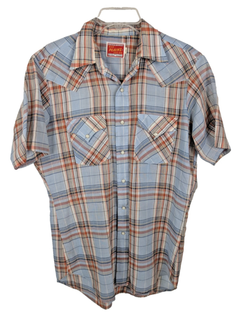 Vintage Ely Plains Plaid Pearl Snap Blue Mens Sz 16 Shirt Western Rodeo Retro